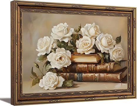 Vintage Gold Framed Books And Flowers Canvas Wall Art Antique White Rose Floral Wall Decor Pictur... | Amazon (US)