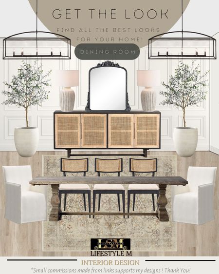 Modern farmhouse, transitional dining room idea. Wood dining table, black upholstered dining chairs, fabric dining chair, black wicker buffet console table, black decorative mirror, terracotta tree planter pot, realistic fake faux tree, terracotta table lamp, rectangle metal chandelier, beige rug.

#LTKFind #LTKhome #LTKstyletip