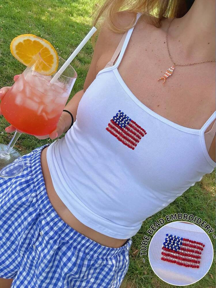 INAWLY Women's American Flag Embroidered Vest Independence Day White Summer Casual Evening, Spaghetti Sleeveless Y2K Aesthetic Tank Top,July 4th | SHEIN