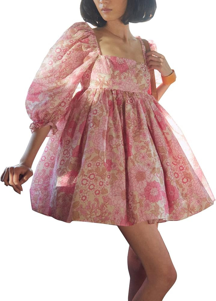 XFLnaraz Womens Puffy Dress Princess Fairy Tutu Dress Square Neck Printed Bubble Sleeve Dress | Amazon (US)