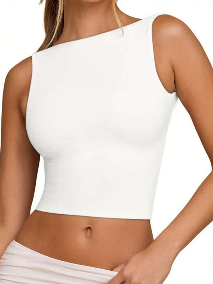 Women's Tank Tops Casual Slim Fit Boat Neck Sleeveless Open Back Solid Color Shirt For Summer | SHEIN