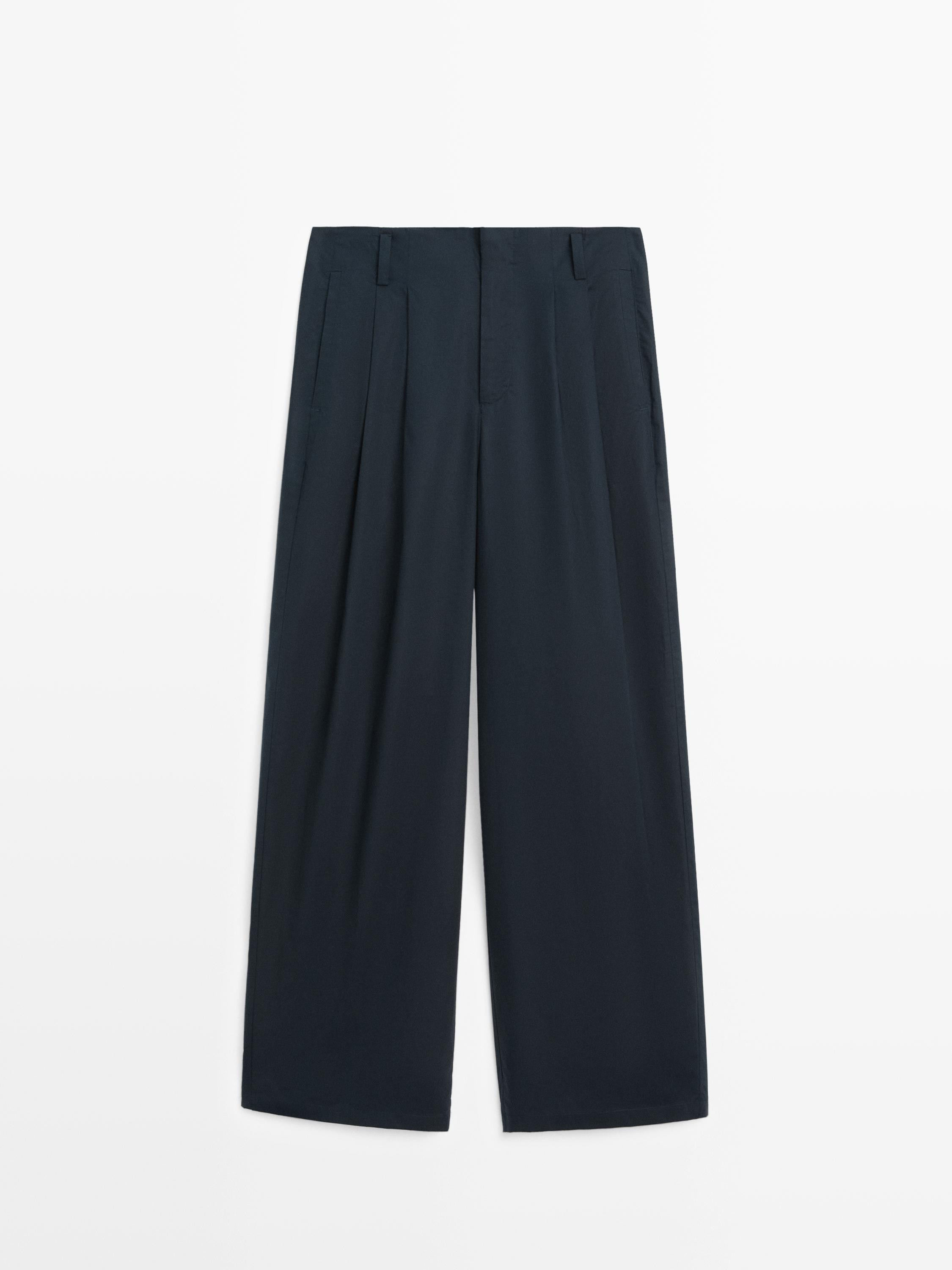Darted cotton barrel fit trousers · Navy Blue · Trousers | Massimo Dutti | Massimo Dutti US