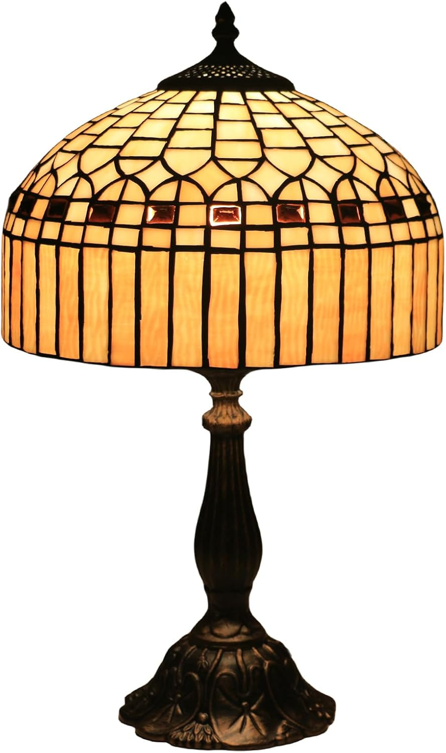Tiffany Table Lamp, Gold Stripe Stained Glass Shade Bedside Table Lamps,Hand-Made Antique Nightstand Lamp for Bedroom Living Room Home Office+E26 LED Bulb,12X12X19 Inches | Amazon (US)