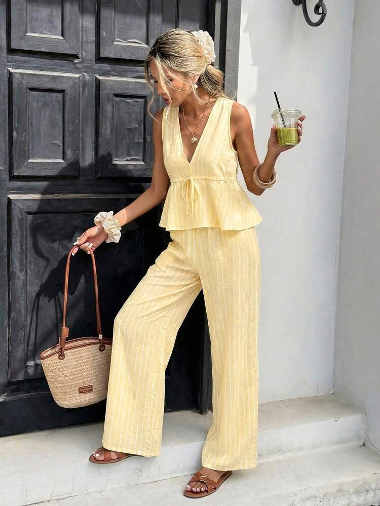 Serisse Women's Vacation Casual Striped Tank Top And Pants 2 Pieces Set | SHEIN