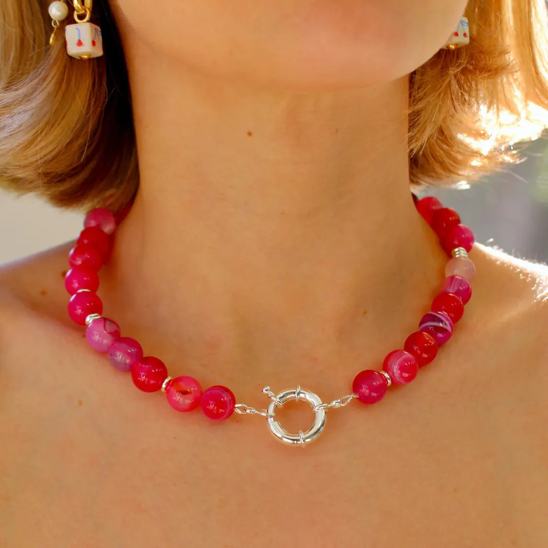 Hot Pink Agate Beaded Necklace, Bold Gemstone Statement Choker, Chunky Silver Clasp Jewelry, Non ... | Etsy (US)