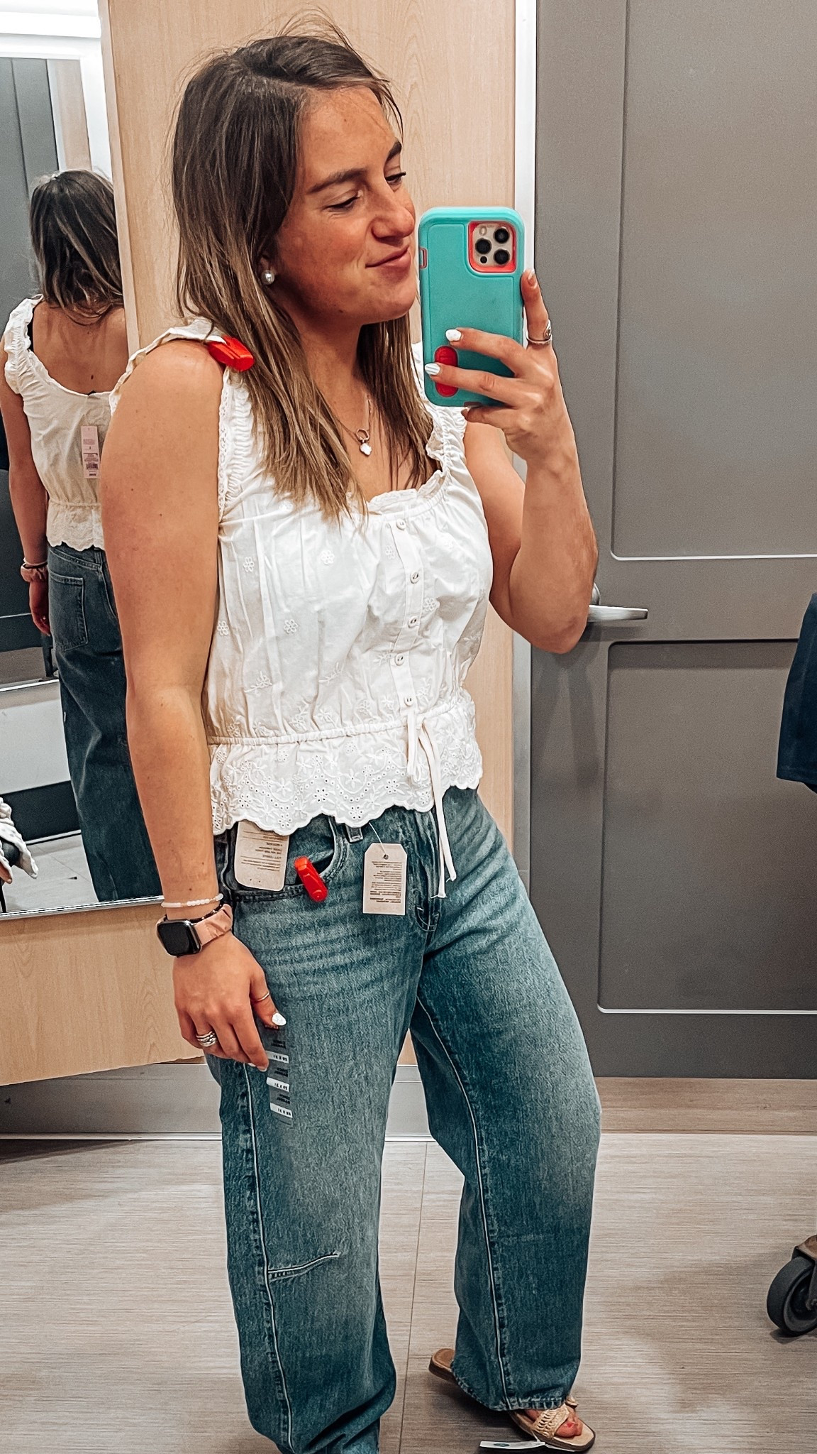 Spring outfit 
Outfit for spring 
Barrel jeans 
Levi jeans 
Levi barrel jeans 
Levi cinch jeans 
Country concert 
Eyelet tank top 

#LTKmomlife