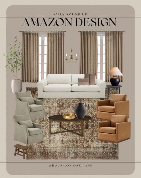Amazon room design 

Leather swivel chair, natural slipcovered chair off white sofa, plaid, striped pillow, cover, brass wall sconces, large lamp, empire, shade, round coffee table, large stone vase, wooden stool, brass bowl, faux tree

#LTKhome #LTKstyletip #LTKFind