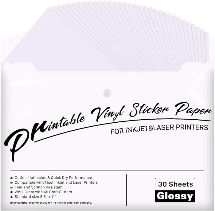 JANDJPACKAGING Printable Vinyl for Inkjet & Laser Printer - 30 Pack Printable Vinyl Sticker Paper... | Amazon (US)