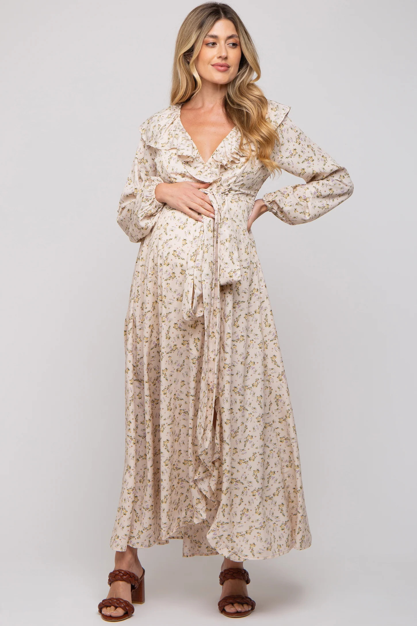 Cream Floral Ruffle V-Neck Wrap Front Maternity Maxi Dress | PinkBlush Maternity