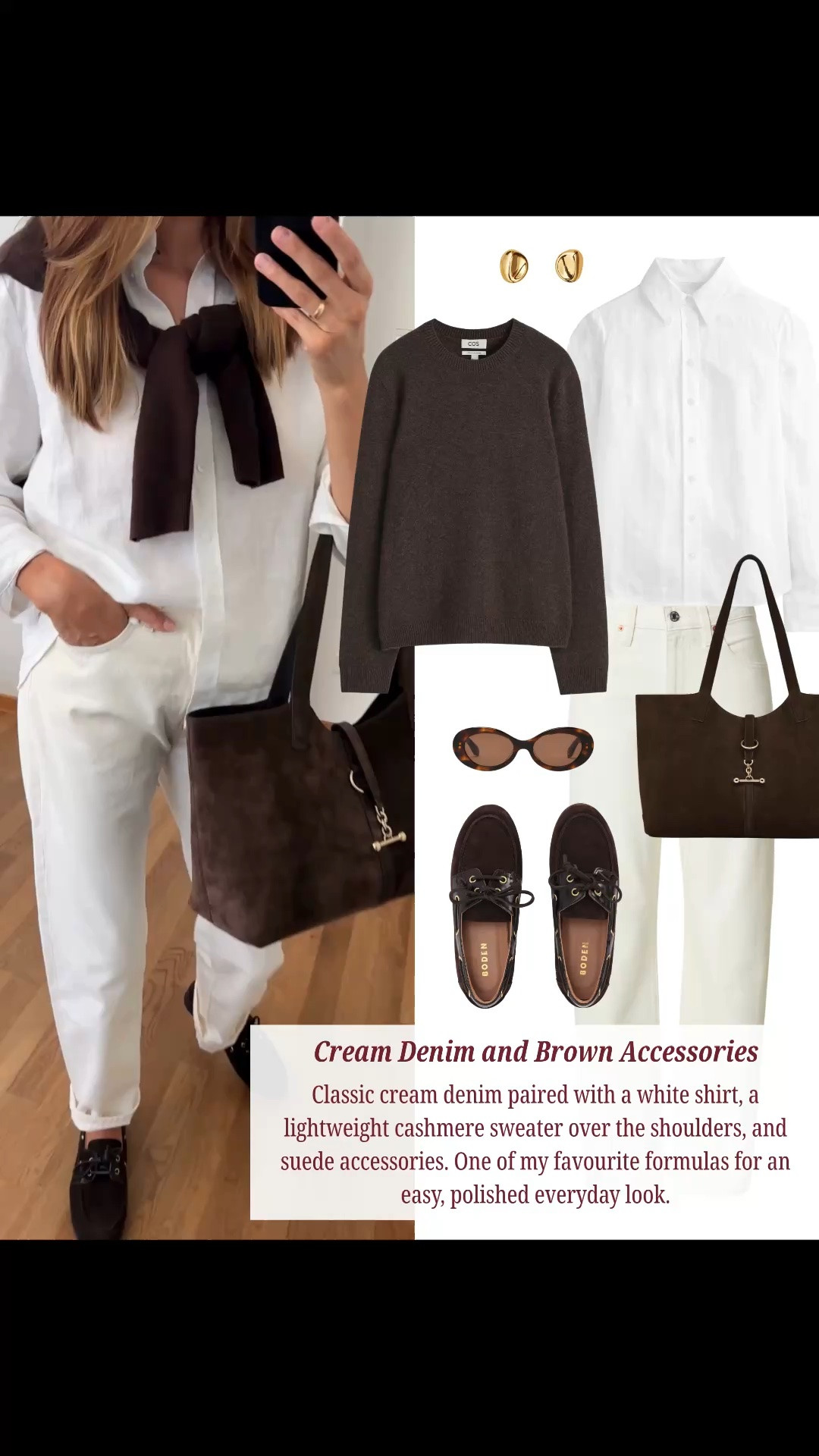 Back- to - School outfit idea - brown cashmere, ivory jeans, white shirt, suede accesories:

Shirt - model Sienna 38/regular Shoes - true to size
@Boden (UK) @Boden (US) 

Bag - Suede Leather - large tote, fits A4 Format @Strathberry 

___
#autumnfashion #autumnlook #ad #classiclook

#LTKautumn #LTKstyletip