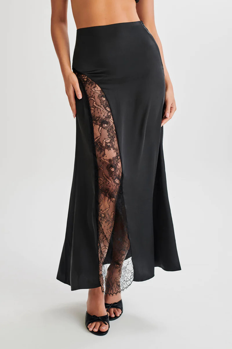 Luella Satin Lace Maxi Skirt - Black | MESHKI US