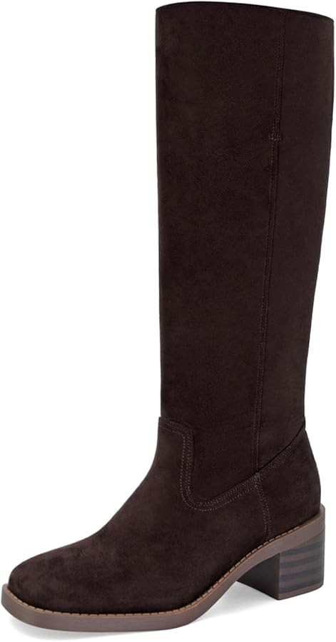 Womens Banana Knee High Boots Square Toe Comfortable Campus Boots Block Heel Riding Boots Wide Ca... | Amazon (US)