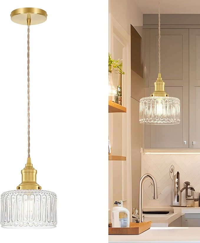 Vintage Pendant Lights for Kitchen with Clear Striped Glass Shade, 6.9 In Brushed Gold Pendant Li... | Amazon (US)