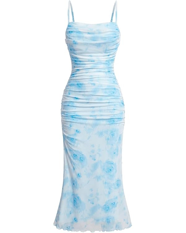 GORGLITTER Women's Floral Ruched Bodycon Midi Dress Mesh Sleeveless Fishtail Cami Dresses | Amazon (US)