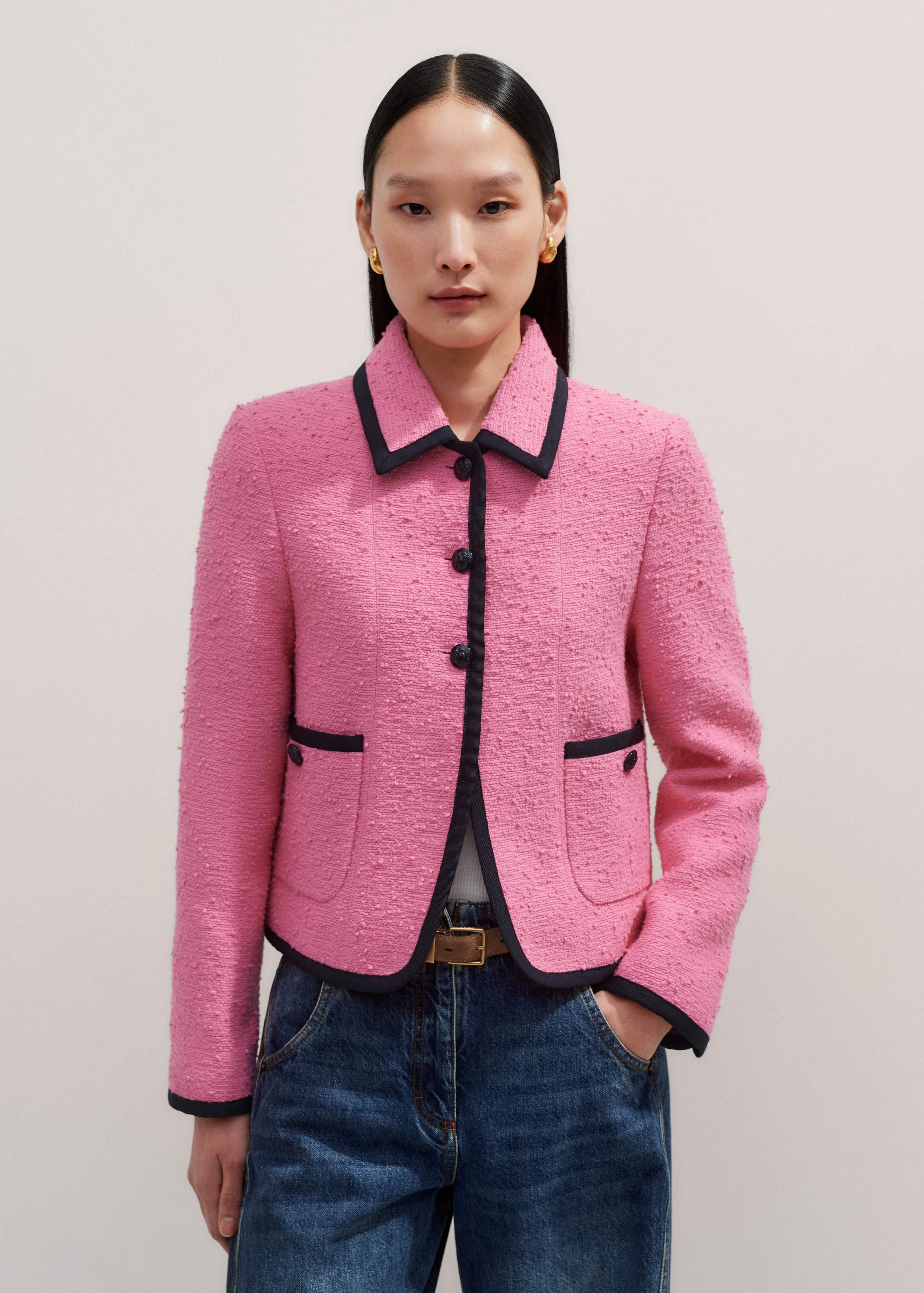 Women's Pink Contrast Bound Crop Jacket | ME+EM | ME+EM Global (Excluding US)