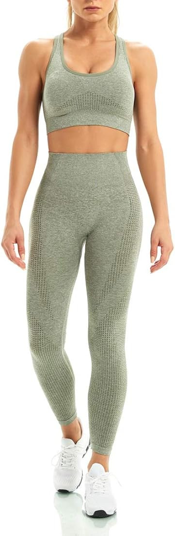 WodoWei Women 2 Piece Workout Outfits Sports Bra Seamless Leggings Yoga Gym Activewear Set | Amazon (US)