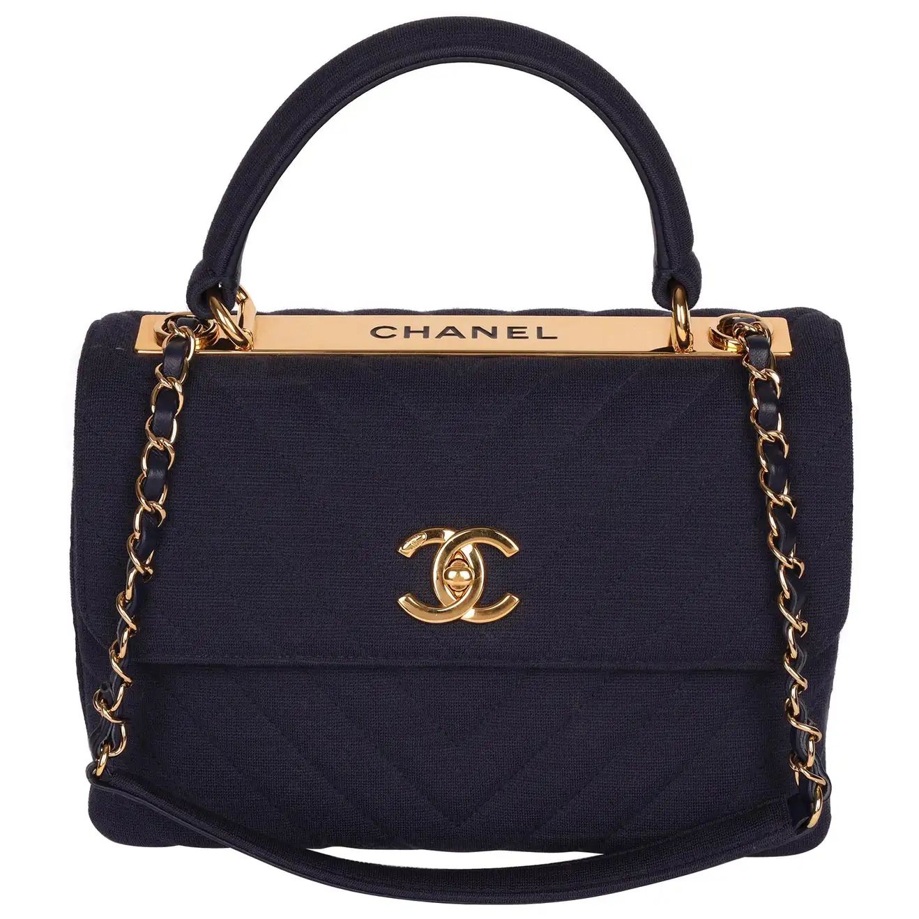 Chanel Navy Chevron Quilted Jersey Fabric Small Trendy CC Top Handle Flap Bag | 1stDibs