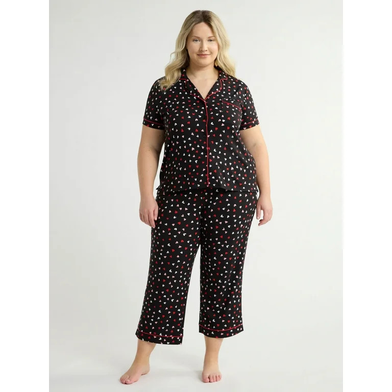 Joyspun Women's Short Sleeve Notch Collar Knit Top & Capri Pajama Set, 2-Piece, Sizes XS-3X | Walmart (US)