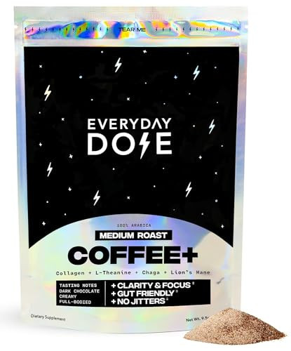 Everyday Dose Bold Medium Roast Mushroom Coffee 90mg Caffeine per serving with Grass-Fed Collagen, Chaga, Lions Mane & L-Theanine for Better Focus, Energy, Digestion, Skin, and Immunity 30 Servings | Amazon (US)
