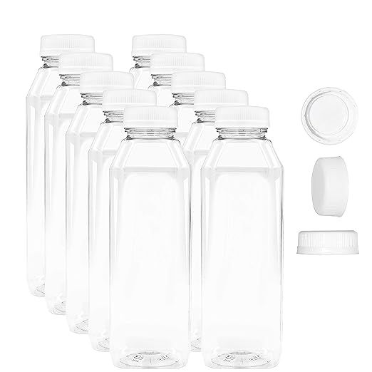 16 oz Empty Juice Bottles - Set of 10 Reusable Clear Plastic Disposable Milk Containers with Whit... | Amazon (US)