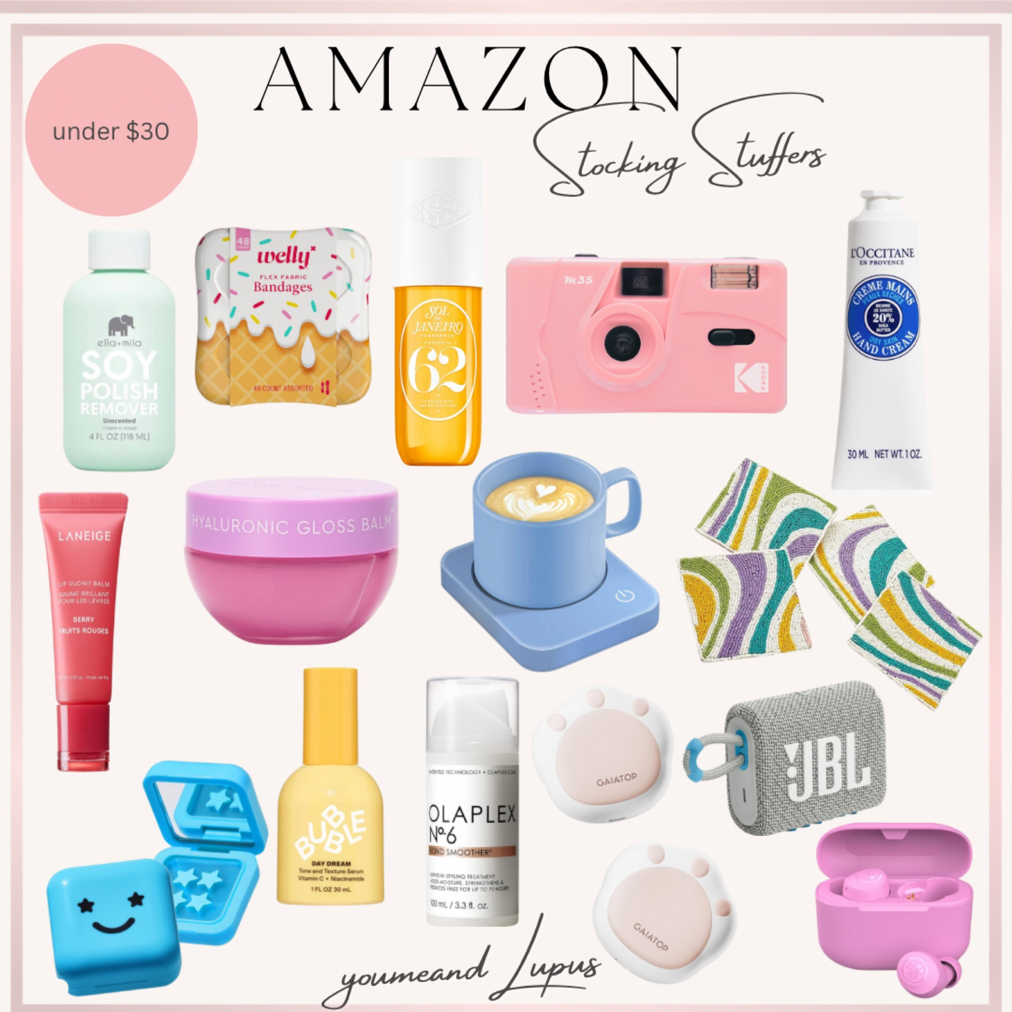 Amazon Stocking stuffers for her, all under $30!! Kodak camera, speakers, Bluetooth speakers, JBL speakers, hand lotion, coasters, lip gloss, nail polish remover, hand warmers, band-AIDS, coffee cup warmer, pimple patches, hair styling cream, hair and body fragrance mist, lip balm, hydrating face serum, YoumeandLupus, Christmas, Xmas, gift guide, gifting, holiday 

#LTKHoliday #LTKGiftGuide #LTKSeasonal