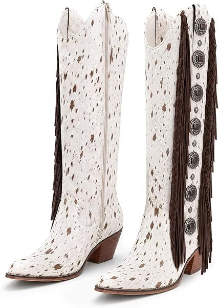 LACIKOSZ Womens Knee High Boots Pointed Toe Chunky Heels Fringe Comfortable Long Western Cowboy&g... | Amazon (US)