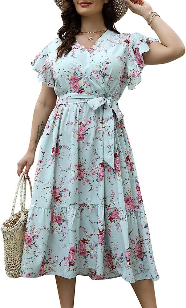 Celkuser Womens Plus Size Summer Short Sleeve V Neck Boho Casual Floral Midi Dress with Pockets C... | Amazon (US)