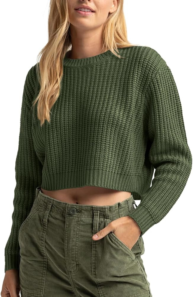 Jumppmile Women's Cropped Sweater Knit Long Sleeve Crewneck Soft Pullover Sweater Top | Amazon (US)