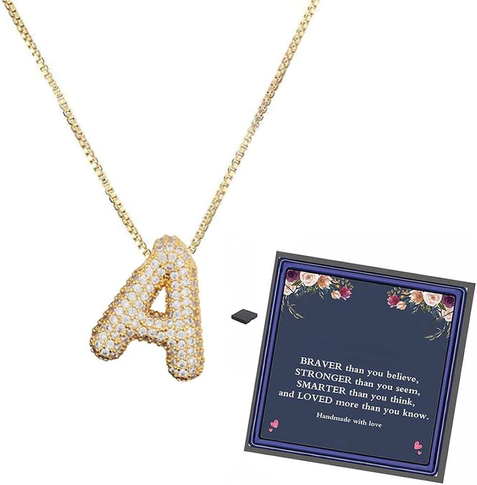 Bubble Letter Necklace Gold for Women，Charm Balloon Initial Letter Pendant Zirconia Inlaid Neck... | Amazon (US)