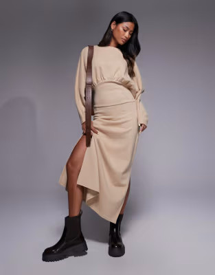 ASOS DESIGN super soft slash neck blouson batwing midi dress in stone | ASOS (Global)