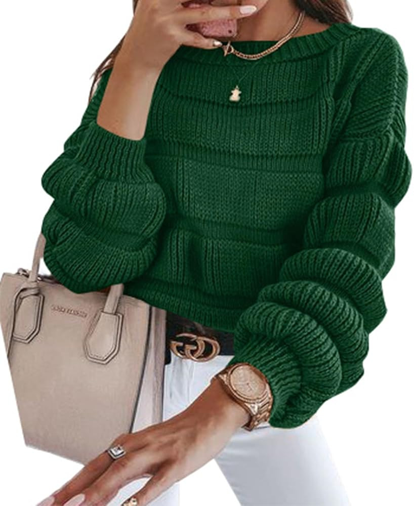 PRETTYGARDEN Women's 2023 Fall Sweaters Casual Crew Neck Pullover Long Puff Sleeve Loose Plain Ch... | Amazon (US)