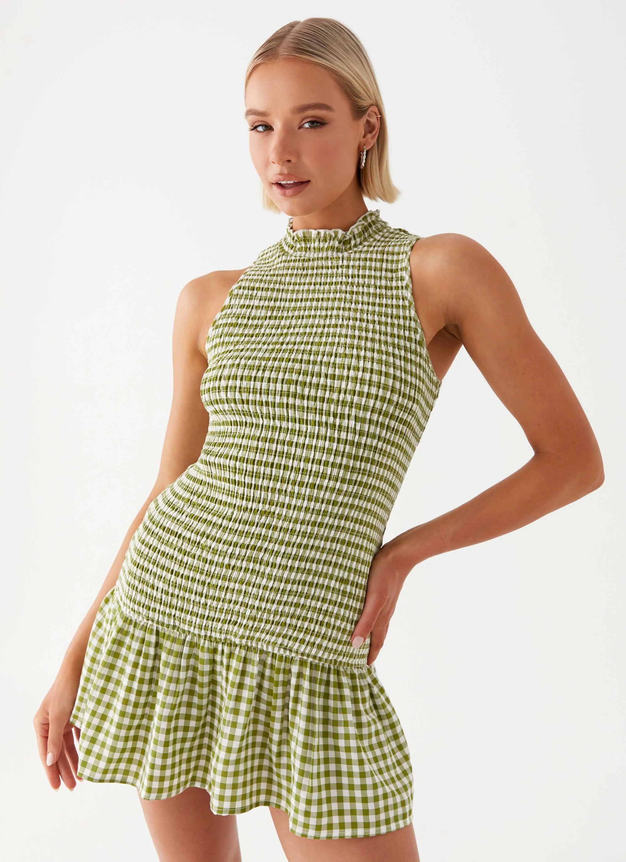 Cassie shirred Mini Dress - Khaki Gingham | Peppermayo (Global)