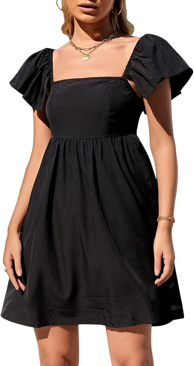 EXLURA Womens Square Neck Short Cap Sleeve Dress High Waist A-Line Casual Smocked Back Mini Dress | Amazon (US)