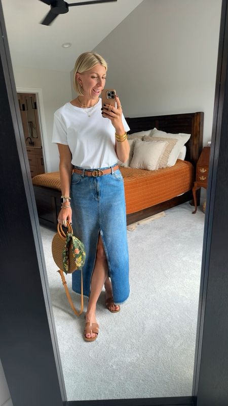 What I wore to a graduation party: denim maxi skirt, white tee, leather sandals + handbag (that’s old from Anthropologie) I love how easy but elevated this classic look is. 

#LTKOver40 #LTKVideo #LTKStyleTip