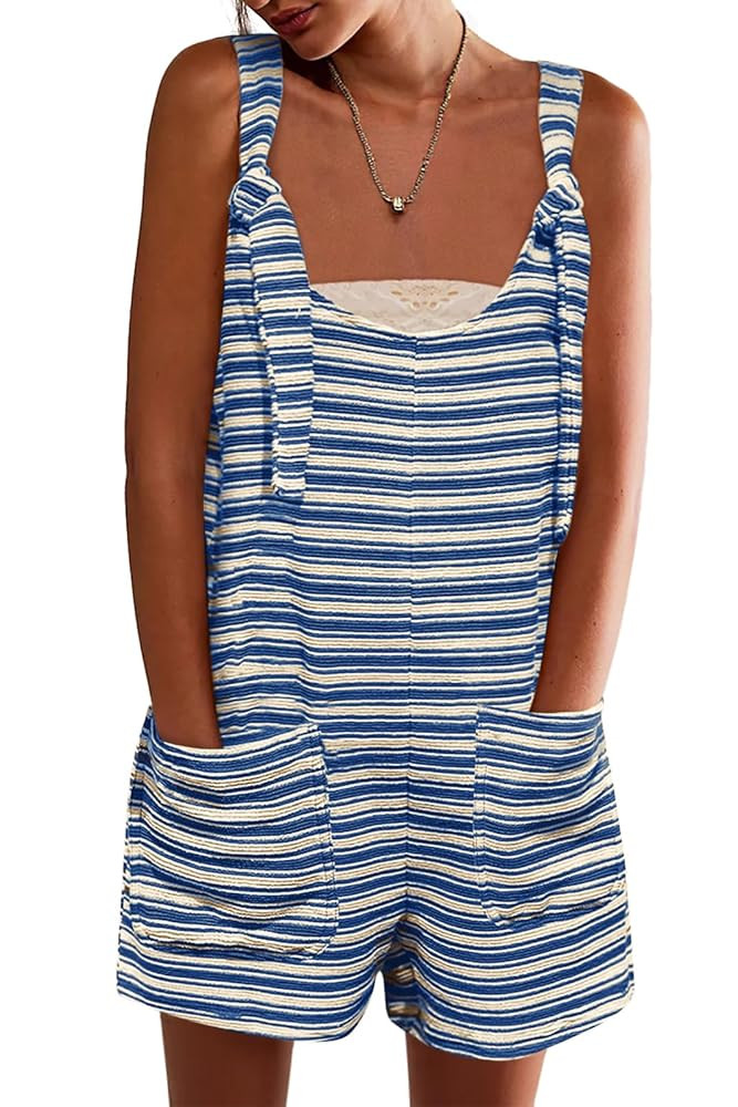 Yousify Womens Summer Casual Sleeveless Romper Loose Striped Tied Shorts Overalls Jumpsuit with P... | Amazon (US)