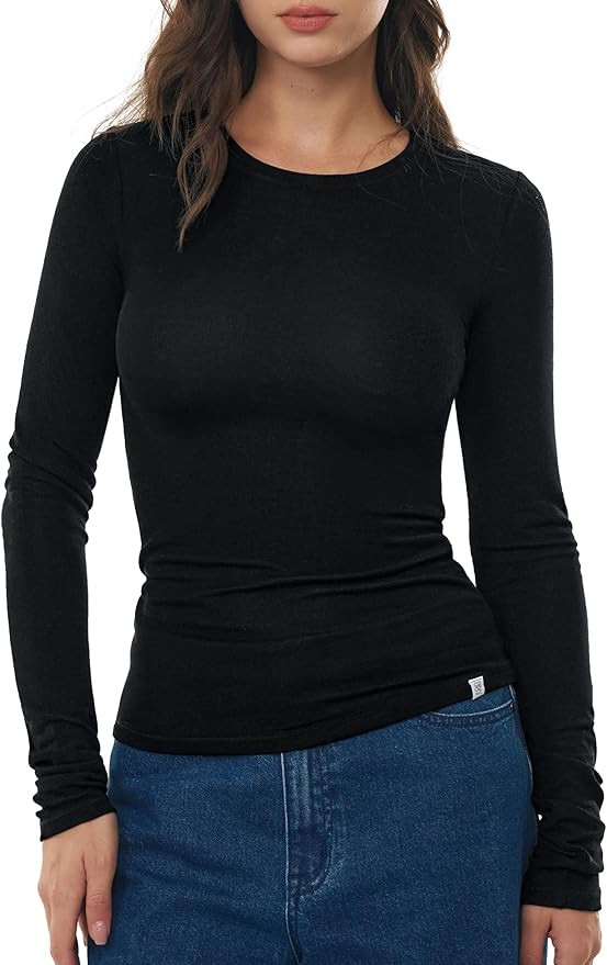 Women's Long Sleeve Shirts Merino Wool Blend Crew Neck Tops Fitted Basic Tee Cozy Embrace Collect... | Amazon (US)