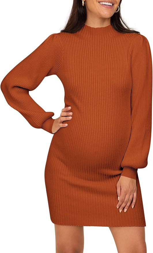 Lueluoye Maternity Sweater Dress for Pregnant Women Turtleneck Puff Sleeve Knit Slim Fit Bodycon ... | Amazon (US)