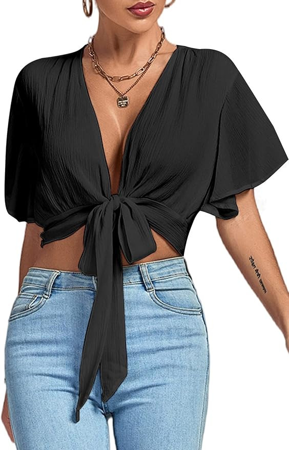 LYANER Women's Sexy Deep V Neck Tie Front Wrap Cropped Blouse Bell Short Sleeve Ruffle Crop Tops | Amazon (US)