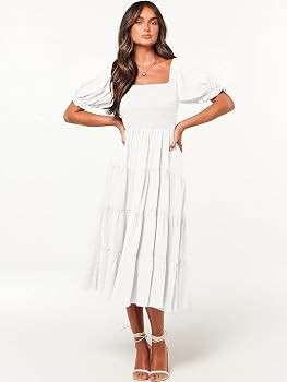 ANRABESS Women's Casual Summer Midi Dress Puffy Short Sleeve Square Neck Smocked Tiered Boho Dres... | Amazon (US)