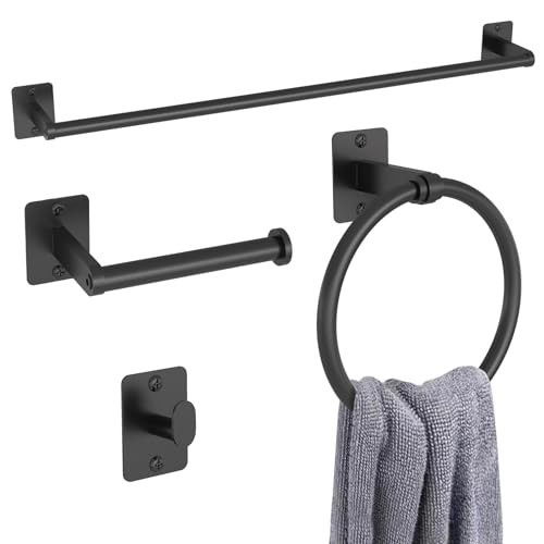 Matte Black Bathroom Accessories Set, KLJKPA 4 Pieces Bathroom Hardware Set, 24 inch Towel Bar, Towel Racks for Bathroom, Robe Towel Hooks, Toilet Paper Holder Wall Mounted | Amazon (US)