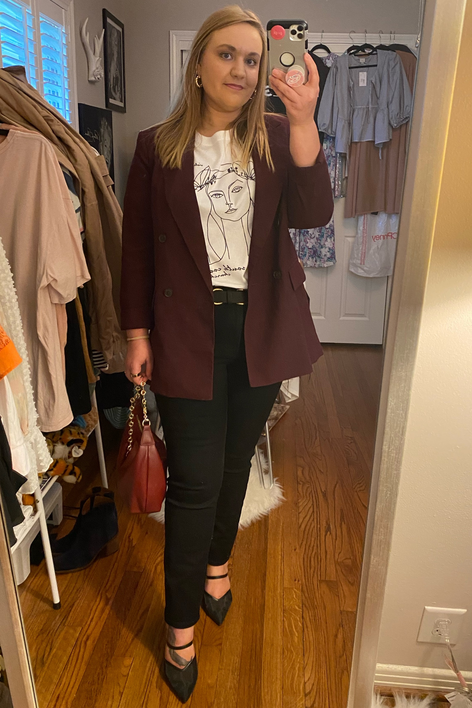 Church outfit, black jeans, 
burgundy blazer, oversized blazer, black pointed toe heels, mule heels, black heels, black and gold belt, 
mesh heels, weekend outfit, brunch, casual Friday, business casual 

#LTKFindsUnder50 #LTKWorkwear #LTKMidsize