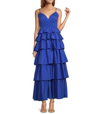 Sugarlips Mavey Cotton Poplin Smocked V-Neck Tiered Ruffle Maxi Dress | Dillard's | Dillard's