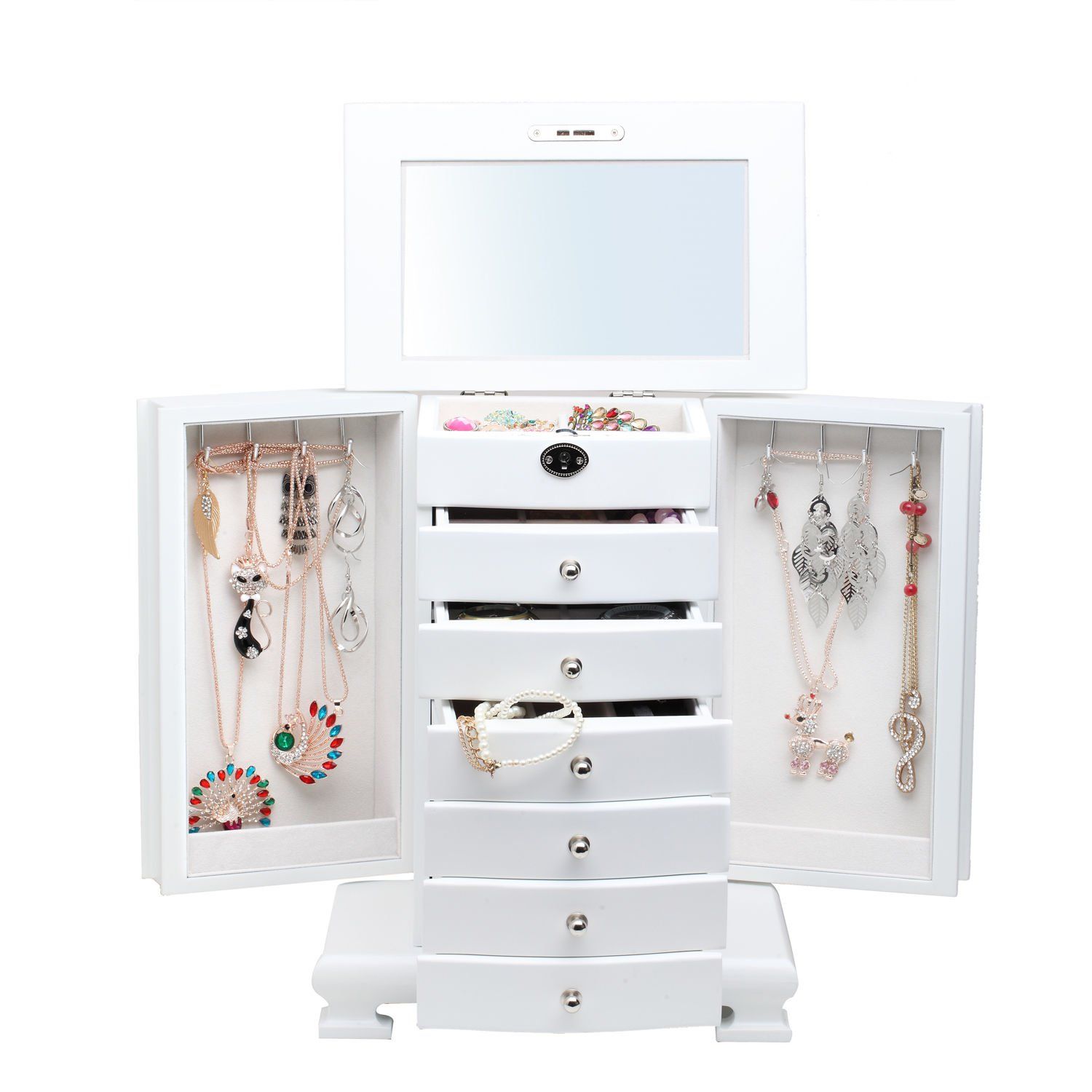 Rowling Large Wooden Jewelry Box Earrling Necklace Bracelets Organizer 6 Drawers M10 (White) | Amazon (US)