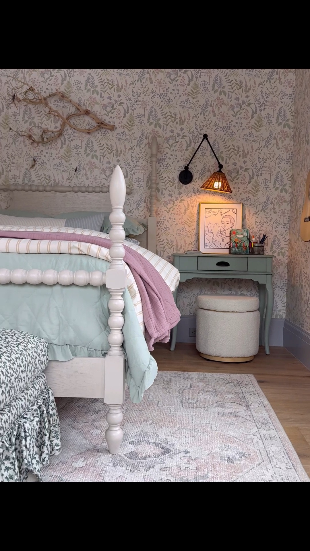 Girly teen bedroom with floral wallpaper and vintage insured 4 post bed. 
Rolling ottoman 
Desk, striped nightstand 

#LTKSaleAlert #LTKHome