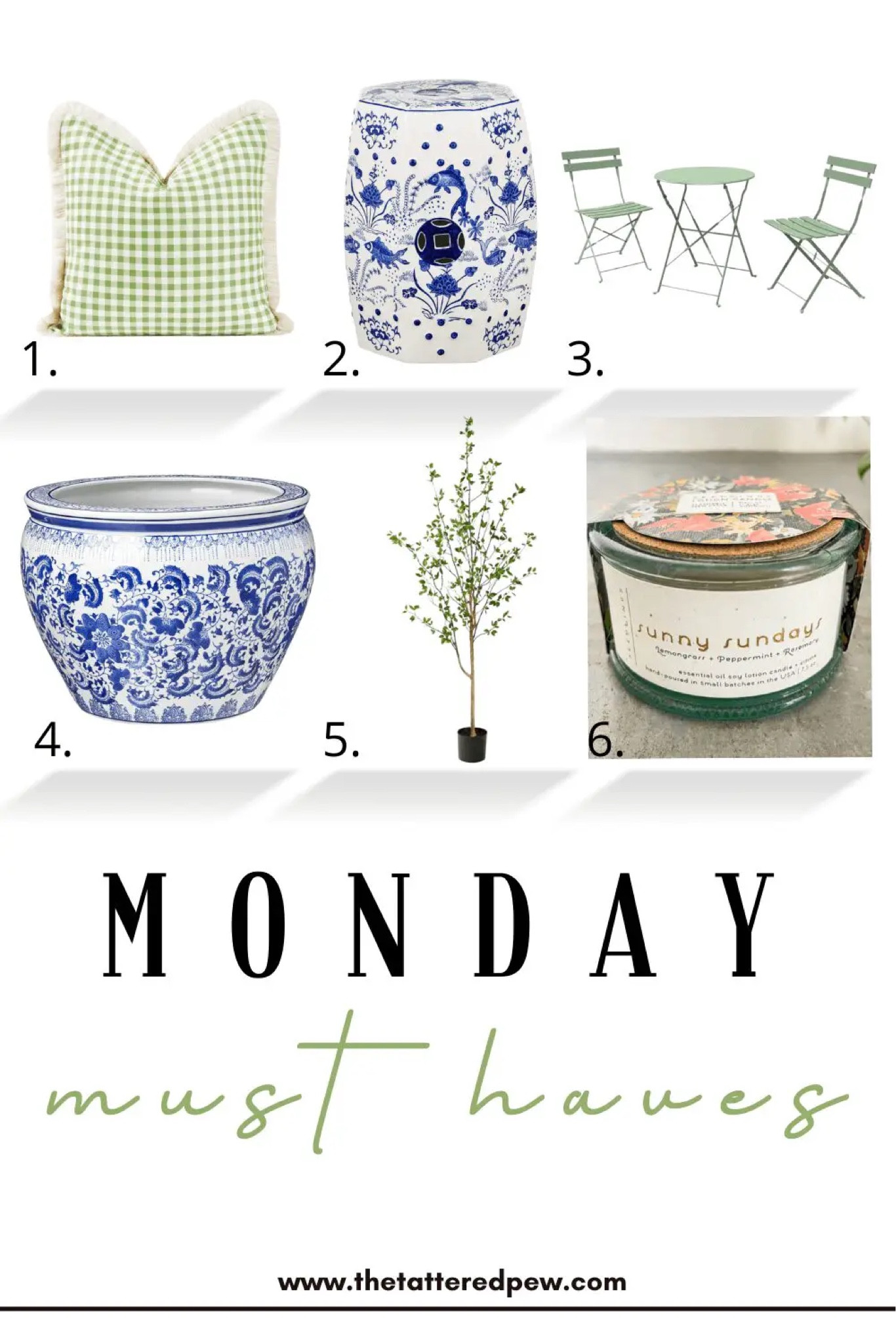 Monday Must Haves! Lots of greens and blues: green gingham indoor/outdoor pillow cover, blue and white ceramic garden stool, green bistro set, blue and white large planter or bowl, 6.5ft nearly natural faux citrus tree. 

#LTKunder100 #LTKFind #LTKhome