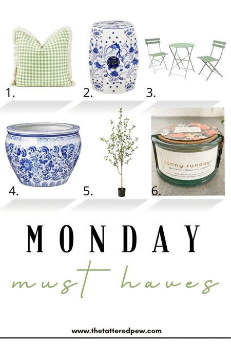 Monday Must Haves! Lots of greens and blues: green gingham indoor/outdoor pillow cover, blue and white ceramic garden stool, green bistro set, blue and white large planter or bowl, 6.5ft nearly natural faux citrus tree. 

#LTKunder100 #LTKFind #LTKhome
