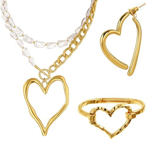 Quelay 3 Pcs Chunky Heart Jewelry Set Y2K Jewelry Set Chunky Heart Pendant Necklace Bracelet Earrings for Halloween Gifts(Gold) | Amazon (US)
