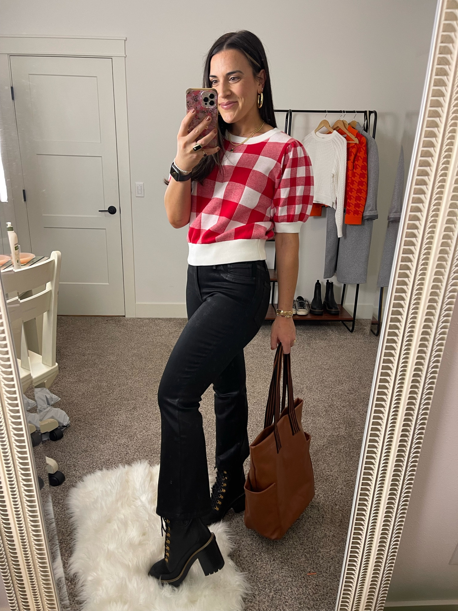 Feminine style | trendy fashion | gingham sweater | coated black jeans | cropped flare denim | lace up boots | fall fashion | target style | tory Burch boots | good American | workwear | elevated casual style 

Top and jeans fit tts. 
Sized up .5 in boots  

#LTKSeasonal #LTKshoecrush #LTKworkwear