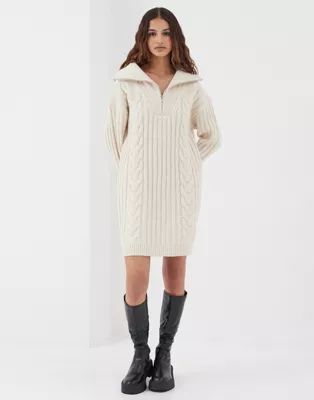 4th & Reckless half zip cable knit dress in cream | ASOS (Global)