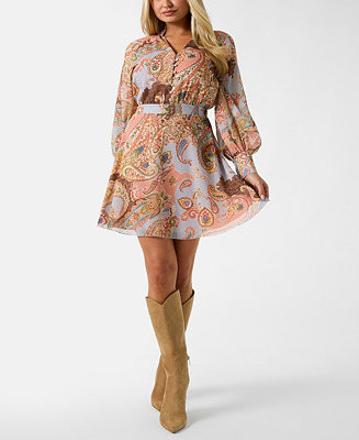 GUESS Women's Long-Sleeve Paisley V-Neck Short Dress - Macy's | Macy's